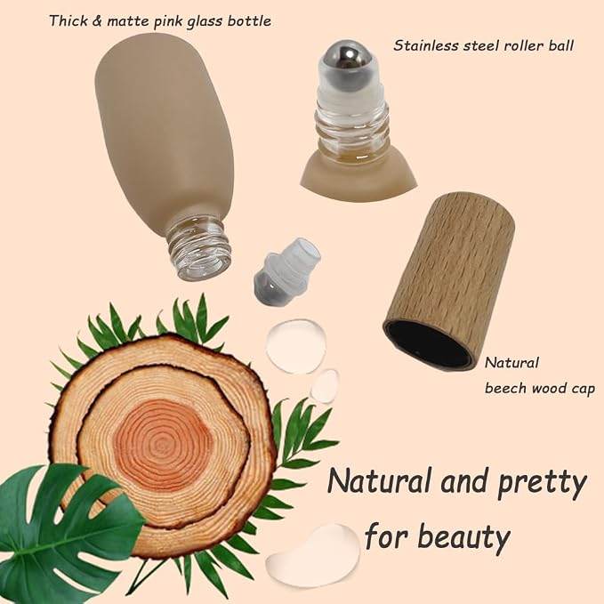 6Pcs 12ml/0.4 oz Glass Roll On Bottle with Bamboo Lid for Essential Oils,Empty Refillable Roller Bottles for Perfume Sample with Stainless Steel Roller Ball,Travel Containers(Pink)