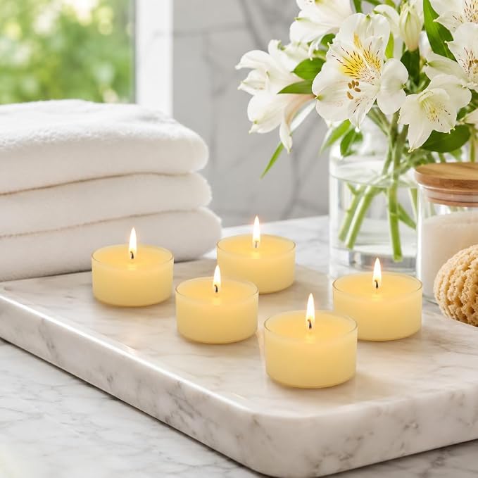 Beige Tea Lights Set of 24, Vanilla Scented Tealight Candles, Handmade Tea Candles, Long Burning Tealights for Romantic Wedding Home Decor Gift