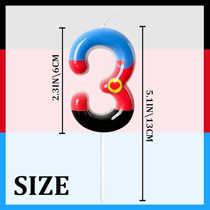 Number 3 Birthday Candle for Cake – Red Blue Cartoon Hero Style with Heart Design – Cute Cake Topper for Birthday Party Decoration