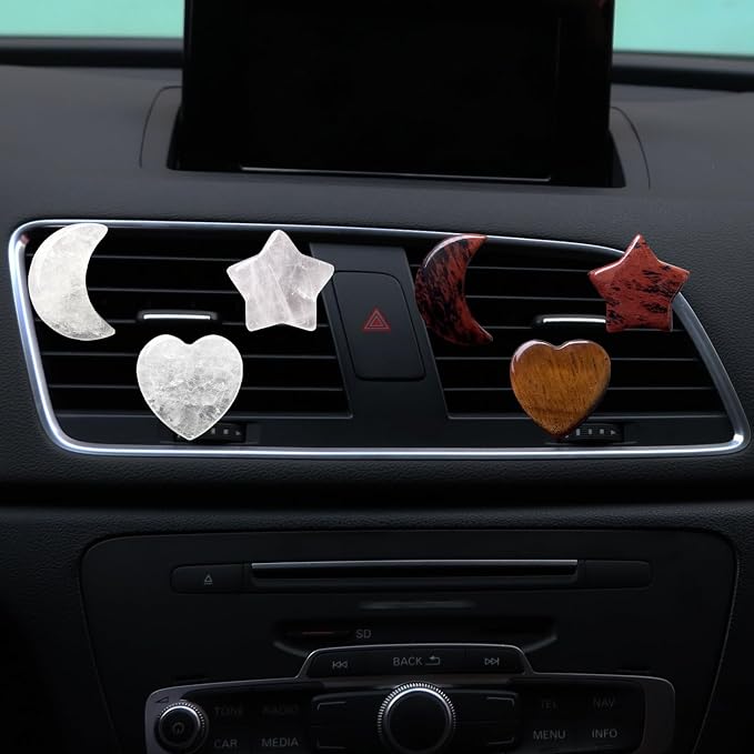 Set of 3 Crystal Stone Car Air Vent Clips, Moon Star Heart Quartz Charm Car Air Freshener Clip, Air Conditioning Outlet Clip, Cute Car Interior Decoration Accessories for Men Women (White, Unscented)