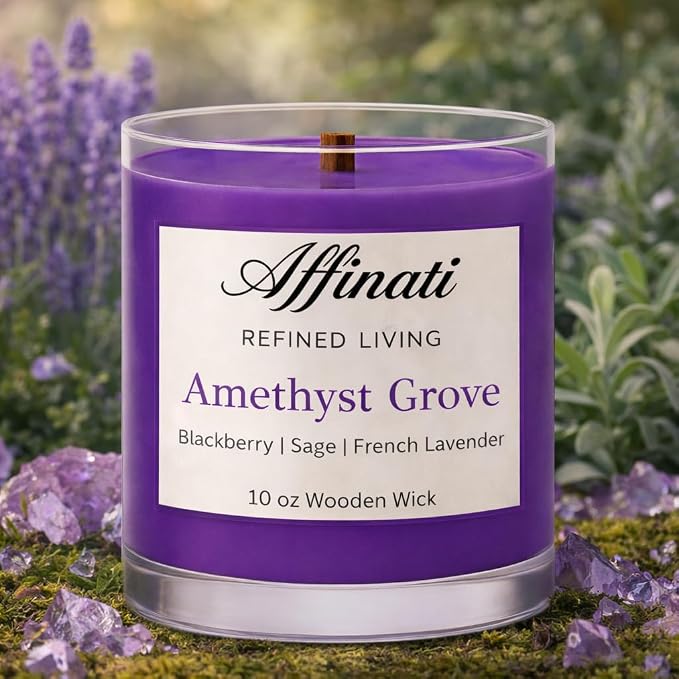 Affinati Amethyst Grove Scented Candle, 10 oz Wooden Wick Tumbler Jar – Highly Fragrant Mystical Sweet Floral Aromatherapy, Crystal Soy Gift