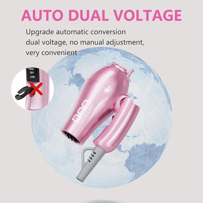 DAN Auto Dual Voltage Hair Dryer,Hair Blow Dryer,Compact Folding Blower,Small hairdryer with Diffuser & Concentrator,Portable Dryer with Multi-Function Plug Adapter,Travel hairdryers for Women