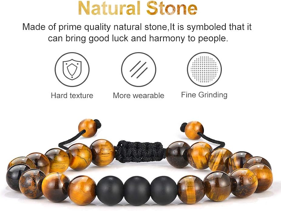 M MOOHAM Mens Bracelet - Beaded Natural Stone 8mm Tiger Eye Matte Agate Lava Rock Bracelets for Men Teen Boys Grandpa Dad Birthday Gifts Jewelry