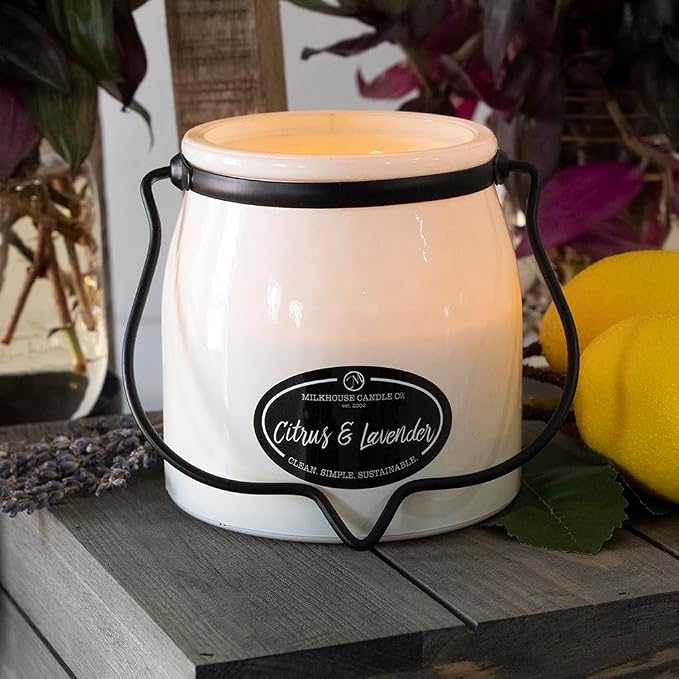 Milkhouse Candle Company Citrus & Lavender Soy Candle - Tart Citrus | Lavender Buds | Soft Herbal Undertones Scented - 16 oz Butter Jar with Lid, 65+ Hour Burn Time, Made in the USA