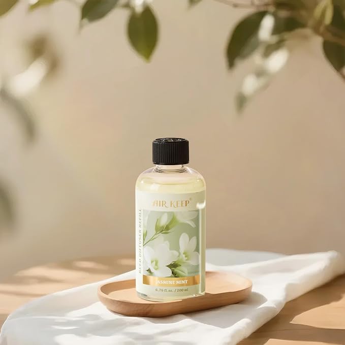 Airkeep Reed Diffuser Oil Refill with Diffuser Sticks, 6.76 Fl Oz(200ml) Jasmine Mint Scented Oils, Aroma Therapy, Home Fragrance & Air Freshener, Office Décor, Decoration