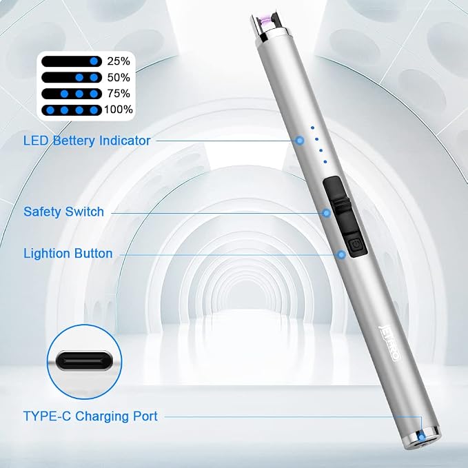 USB Rechargeable Candle Lighter Electronic Arc Lighter Windproof Flameless with Safety Button for Camping Cooking BBQ (Silver)