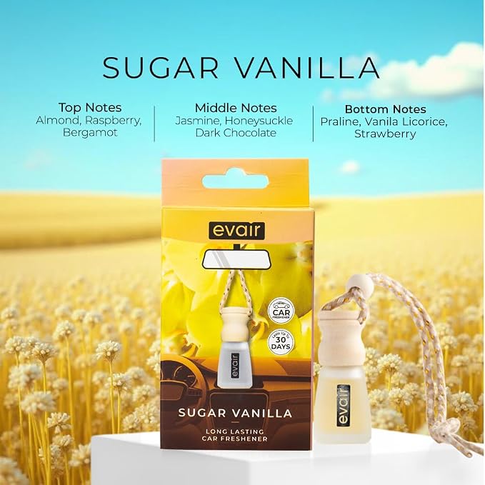 Evair Car Air Freshener | Hanging Air Freshener Car Diffuser | Long Lasting Scents made with Essential Oil | Alcohol Free (Sugar Vanilla)