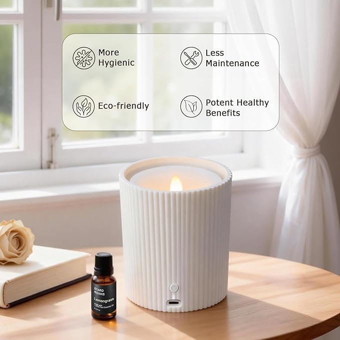 USB Line to Use 2 in 1 Waterless Essential Oil Diffuser and 3D Wick and Realistic Flame Candle,Flameless Candle Diffuser,LED Candle Waterless Diffuser 12PCS Cotton Pads(Non-Rechargeable)﻿