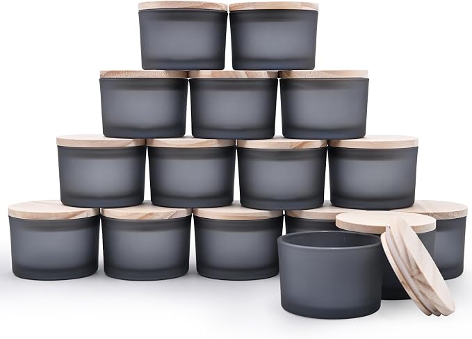 SHOWIN Thick Candle Jars for Making Candles 16 Pcs, 4 OZ Empty Jars with Wood Lids for Candle Making, Sample Container - Dishwasher Safe, Frosted Gray