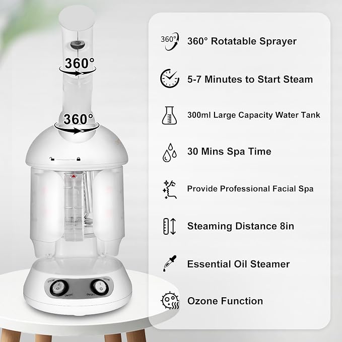 Nano Ionic Facial Steamer with Removable Water Cup, Face Steamer 360° Rotatable Sprayer Warm Mist Face Humidifier for Home and Beauty Salon, Facial Deep Cleaning (White)