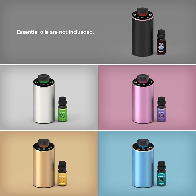 Waterless Essential Oil Diffuser Aromatherapy Scent Diffusers for Home Large Room, Bedroom, Car, Office, Desk, Battery Operated Mini Portable Air Freshener, 3 Countdown Timers & 3 Mist Levels