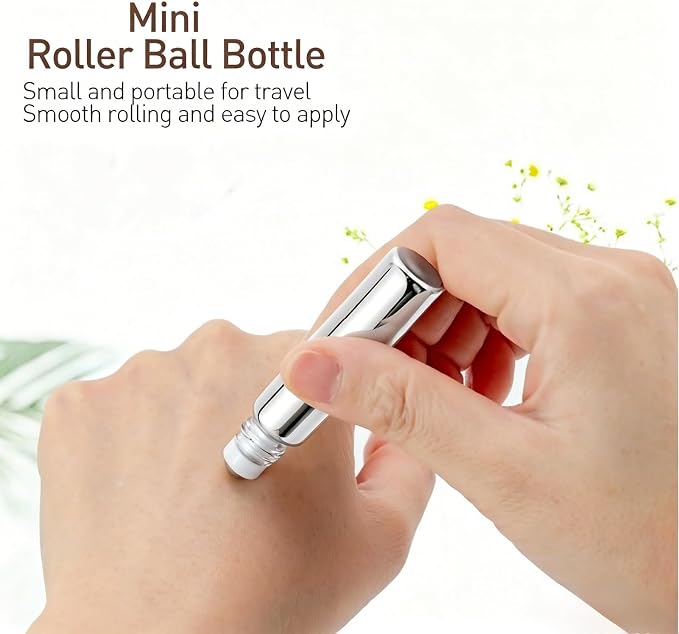 Kesell 0.34oz / 10ml Essential Oil Roller Bottles 6PCS Silver Glass Roll-on Bottle Empty Refillable Perfume Vials Travel Size Perfume Rollerball Applicator Liquid Storage Container with Funnel
