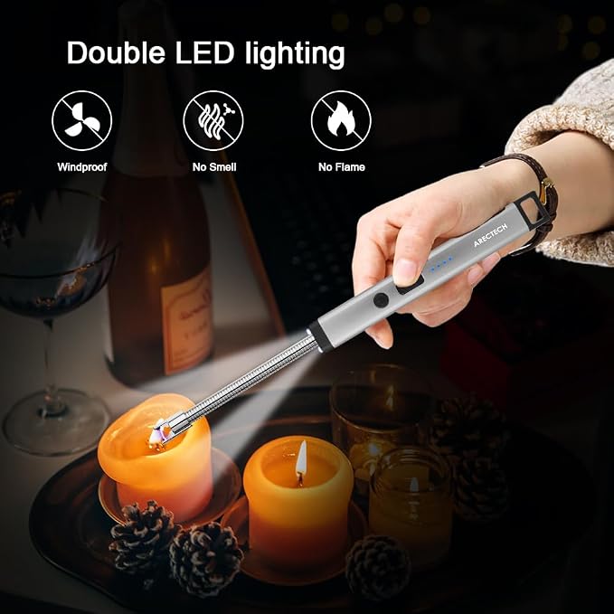 ARECTECH Candle Electric Lighter Rechargeable USB Arc Lighter for Candle Camping Fireworks Christmas Birthday Gifts with LED Light for Men Women Silver
