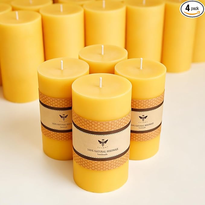 DEYBBY 3x6 inch Natural Beeswax Pillar Candle Set of 4, Smokeless Dripless Pure Organic Beeswax Candles with Natural Scent for Blackout Home Decoration Spa Relaxation（Yellow）