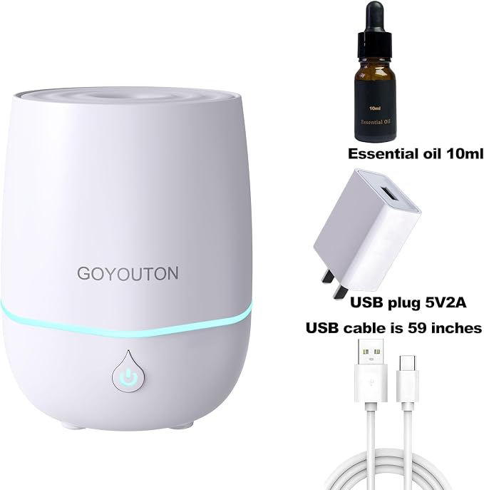 Essential Oil Diffuser, 200ML Diffusers for Home Scent Aromatherapy Diffuser Air Desk Humidifier Oil Diffuser romfor Bedroom Room Office with 7 Color LED Lights Quiet Waterless Auto Shuts-off (White)