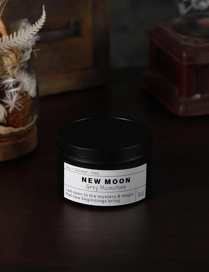 NEW Moon Handmade Candle, New Beginnings, Ritual Energy Gift, Intention De-Stress Good Fortune, Success Protection, Meditation, Moonstone, Soy Wax (8oz)