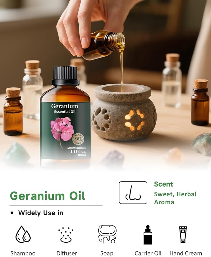 Geranium Essential Oil, Mumianhua Pure Rose Geranium Natural Oil for Outdoor Protective Barrier & Garden Freshness, Floral Aroma for Diffuser, Skin, Hair, DIY Spray – 3.38 Fl Oz
