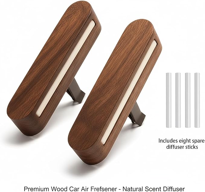 2 Pack Natural Walnut Wood Car Vent Clip Air Freshener, Refillable Aroma Diffuser with 8 Absorber Sticks, Elegant Design for Auto, Home, Office