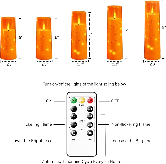 kakoya Flameless LED Candles with Timer 5 Pc Flickering Flameless Candles for Romantic Ambiance and Home Decoration Stable Acrylic Shell,with Embedded Star String，Battery Operated Candles（Orange）