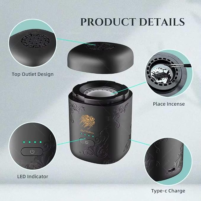 Mini Portable USB Smart Incense Burner, Rechargeable Arabic Oud Burner, Electronic Bukhoor Diffuser with LED Battery Indicator, Compact Aroma Diffuser for Home, Office, Car (Black)