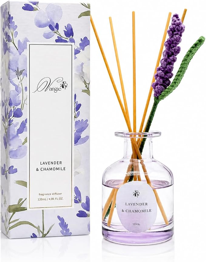Vangie Lavender & Chamomile Reed Diffuser Set – Decorative Glass Bottle with Handmade Flower Diffuser, Long-Lasting Home Fragrance, Vegan & Cruelty-Free