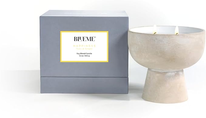 Blueme Happiness Candle | Yuzu & Ginger | 2 Wick - Refillable Wellness Candle with Essential Oils, Hand Finished & Poured Soy Wax Blend Ceramic Vessel, Natural Cotton Wicks | Medium 12 oz
