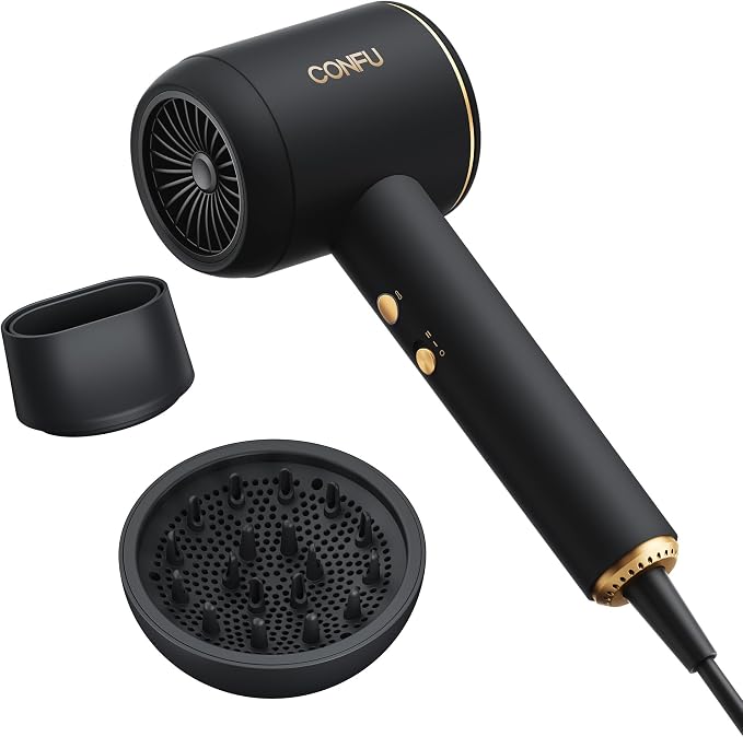 CONFU Diffuser Blow Hair Dryer - 420 Million Plasma Blowdryers for Curly/Fine/Thick/Frizzy Hair - Professional 1600 Watt Ionic Hairdryers Handheld Lightweight (Black)