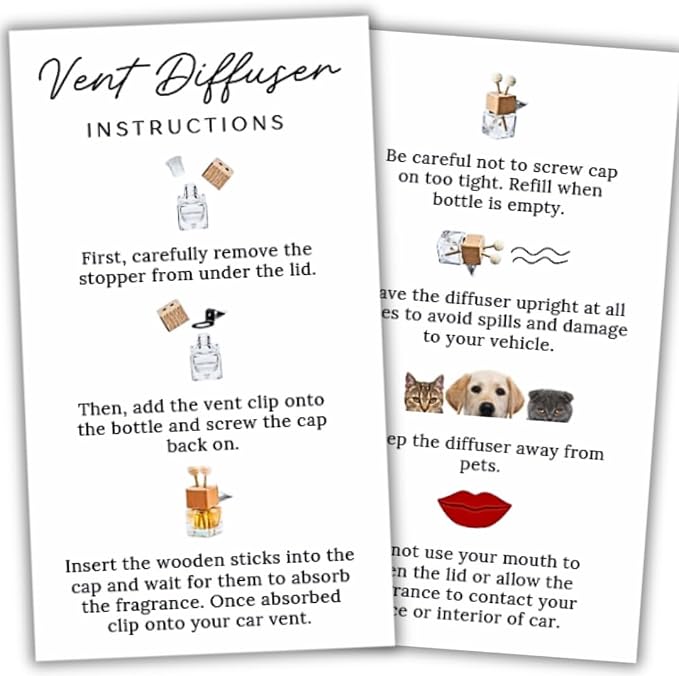 Car Vent Wood Diffuser Care Card | 50 Pack | 2x3.5 inch | Vent Clip Reed Oil Diffuser Bottles | Vent Diffuser Instructions LEES A.M.