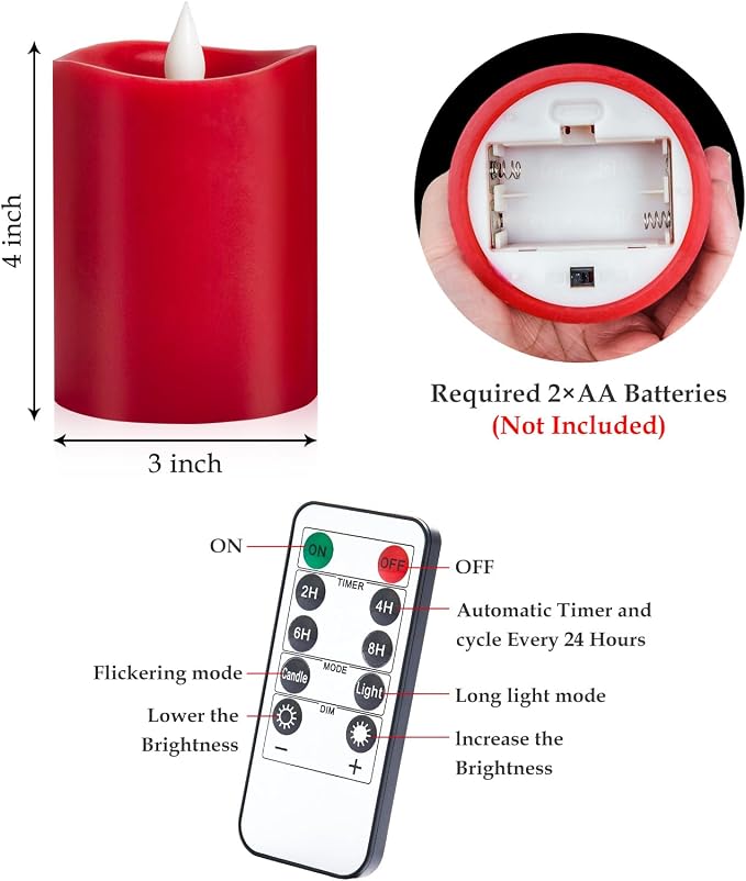 3x4 inch Red Flameless Candles: Realistic Flameless LED, Battery-Powered Pillar Candles with Remote & Timer, Fake Candles for Fall Decor, (Red, 3"*4"-1pcs)