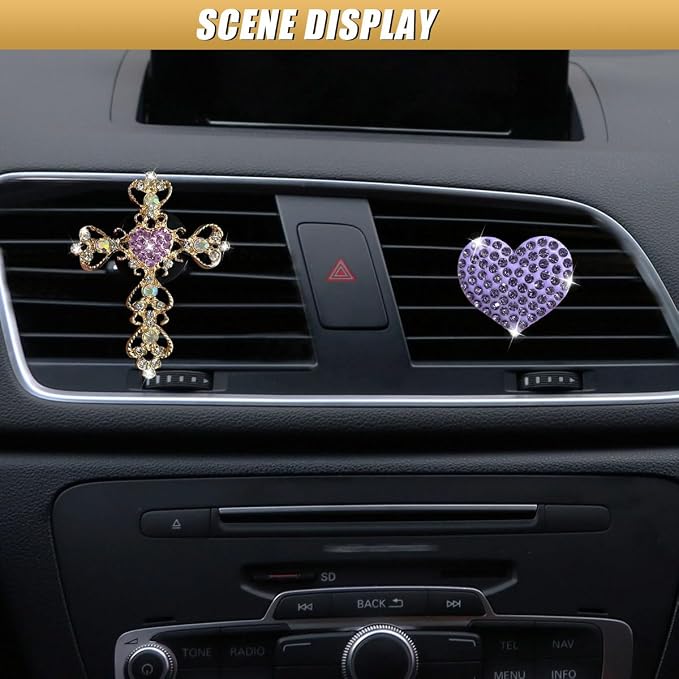 2PCS Bling Cross & Heart Car Dashboard Air Vent Trim Clip, Sparkly Rhinestone Car Air Vent Clips, Diamond Auto Diffuser Charm Clip, Auto Interior Decoration Accessory for Women Girls (Purple)