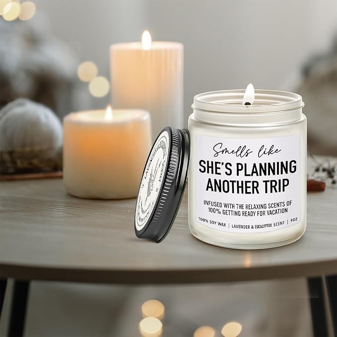 She's Planning Another Trip Candle Travel Gifts for Women, Funny Gifts for Travelers, Funny Birthday Planning Traveling Gift for Travelers Women, Mom, Couple, Friend, Lavender Eucalyptus Candles 9OZ