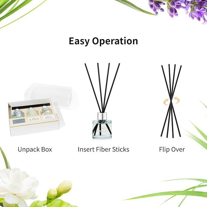 3 Pack Fragrance Reed Diffuser, 50ML Lavender Jasmine Lemongrass Aromatherapy Diffuser Set with 12 Black Fiber Sticks,Air Freshener for Bedroom Bathroom Office, 8.2X 6.6X 2.1 inch