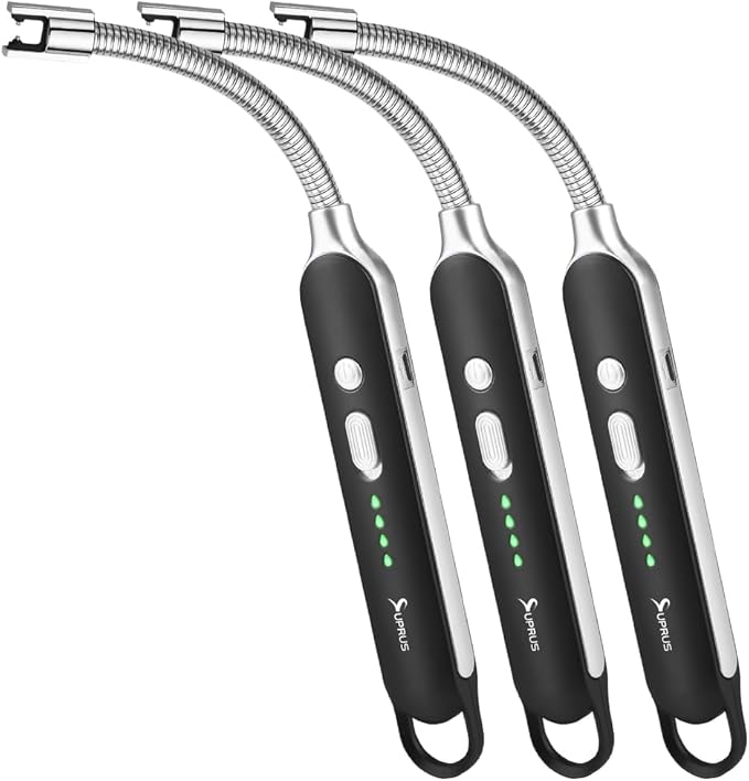 SUPRUS Electric Rechargeable Arc Lighter with LED Battery Display Long Flexible Neck USB Lighter for Candle Cooking (Black, 3Packs)