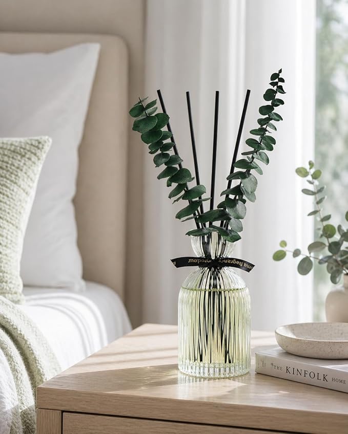 Airkeep Reed Diffuser Set 6.76 oz – Wild Mint & Eucalyptus Decorative Home Fragrance with Eucalyptus Sticks, Ribbed Glass Diffuser for Bathroom & Bedroom Décor, Gift Ready