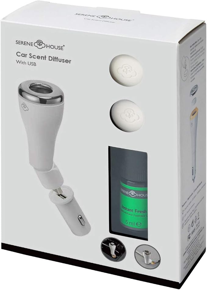 Serene House Knight Gift Set – Portable Aromatherapy Essential Oil Scent Diffuser – Works on 12V Outlet or USB – Up to 1 Month of Calming Fragrance with Each Ceramic Disc – White