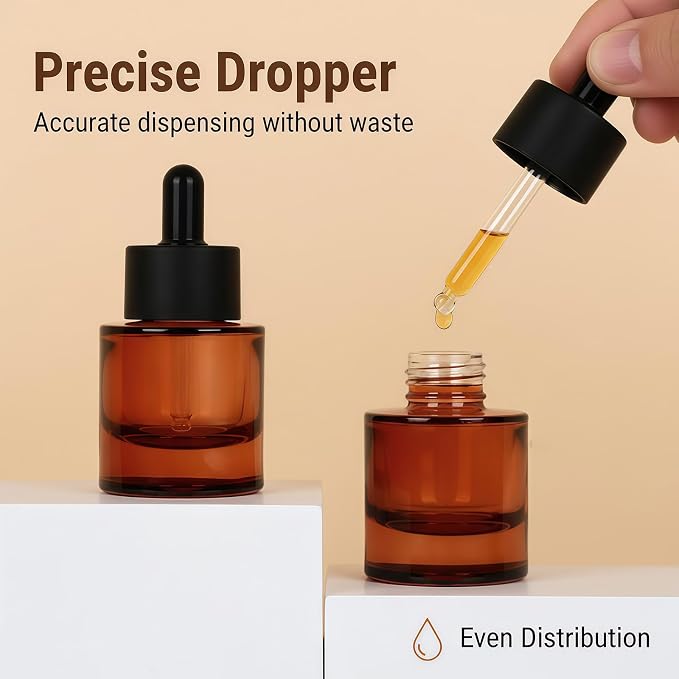 Happyupcity 2Pcs 30ml/1 oz Glass Dropper Bottles with Black Eye Droppers Lid Empty Refillable Essential Oil Bottles Travel Perfume Sample Vials Essence Liquid Cosmetic Containers