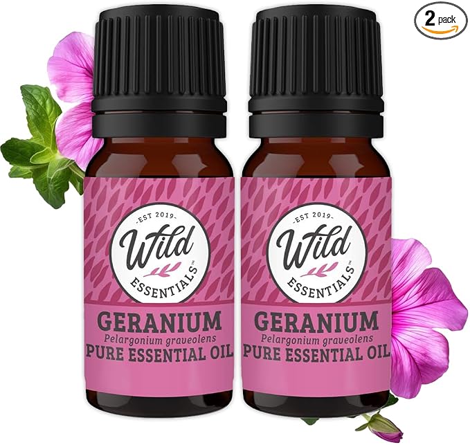 Wild Essentials Geranium 100% Pure Essential Oil 2 Pack - 10ml, Therapeutic Grade, Made and Bottled in The USA, Uplifting, Balancing