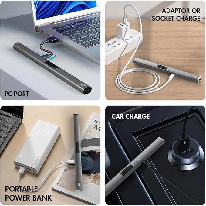 Windproof Flameless Long Candle Lighter with Dual Arc, USB Rechargeable Lighter for Candles, Grill and Fireworks