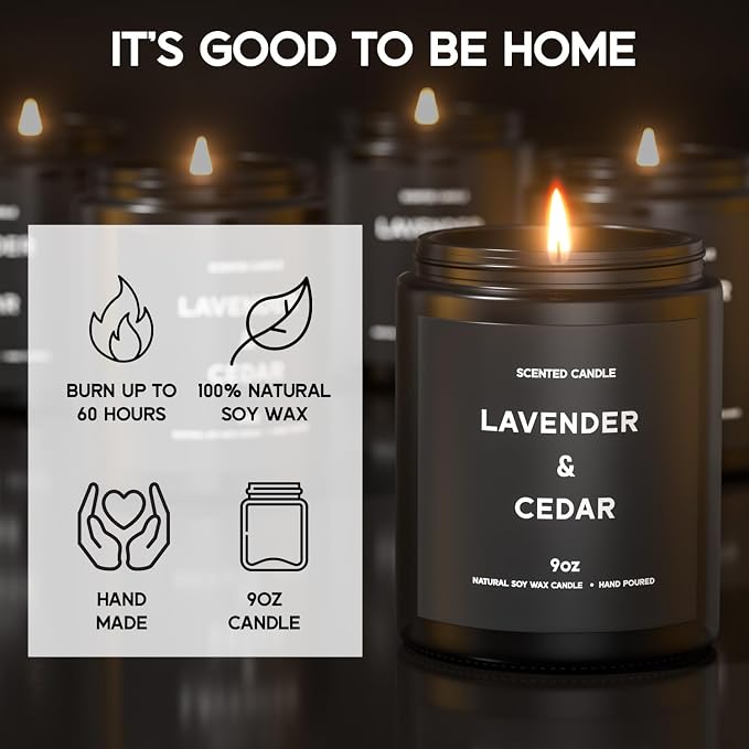 VEGISHINE Lavender＆Cedar Candle, 9oz Scented Candle for Men, Scented Candles for Home, Soy Candle Gifts for Men, Personalized Blessing Minimalist Men's Scented Candle