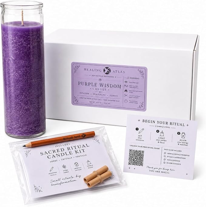 Ritual Candle Kit – 8 Inch Manifestation Candle Set in Glass Jar with Intention Scrolls, Pencil & QR Ebook Guide for Meditation, Energy Cleansing & Spiritual Gifts (Purple Wisdom)