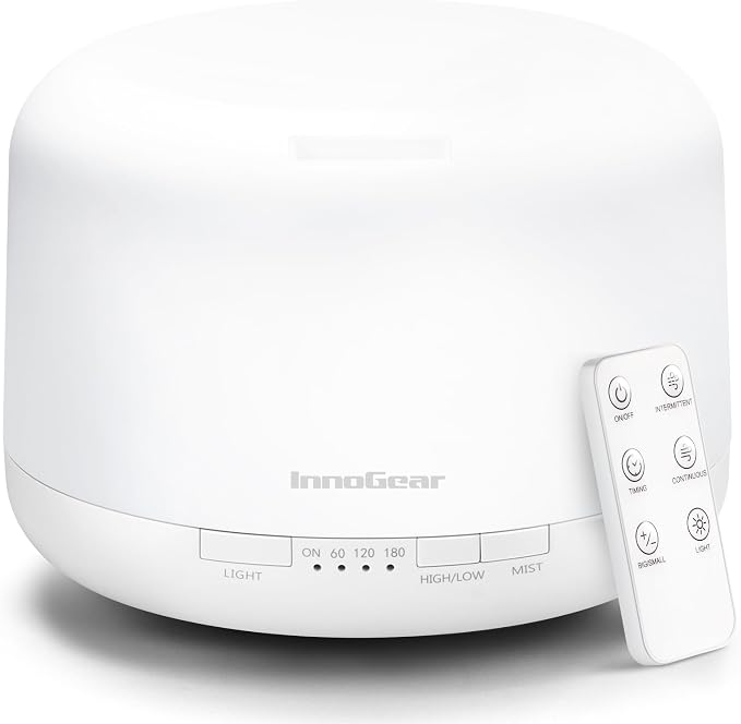 InnoGear 500ml Essential Oil Diffuser with Remote Control, Premium Ultrasonic Aromatherapy Diffusers Mother's Gift Scent Humidifier Vaporizer Auto-Off Timer for Large Room Home, Basic White