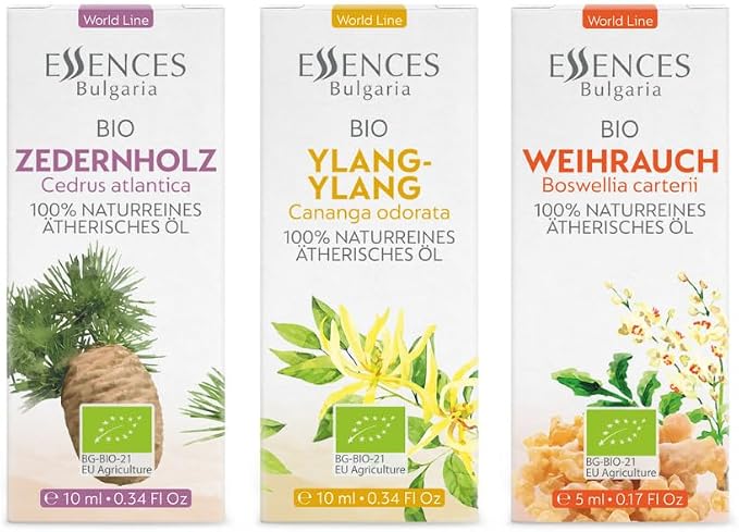 Set Evening Meditation Organic Essential Oils |0.84 Fl Oz | Frankincense (5ml) + Ylang Ylang (10ml) + Cedarwood (10ml) | 100% Pure and Natural | Undiluted | Therapeutic Grade | Non-GMO | 3 pcs