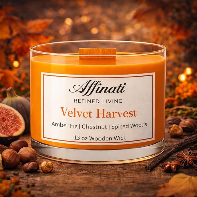 Affinati Velvet Harvest Wooden Wick Candle – Luxury Wooden Bowl, 13 oz