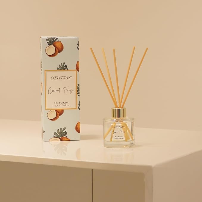 100ml Scent Diffuser with 6 Fiber Sticks, 3.5 oz Reed Diffuser Set Aromatherapy Fragrance Diffusers Air Fresheners for Home Bedroom Bathroom (Coconut)