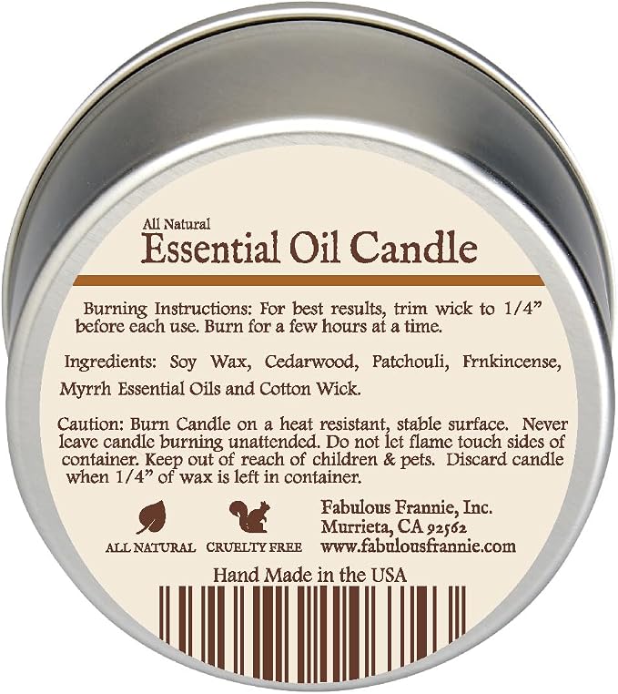 Fabulous Frannie All Natural Aromatherapy Soy Candle Travel tin Made with Pure Essential Oils 100 Hours Burn time 6oz (Frankincense & Myrrh Blend)