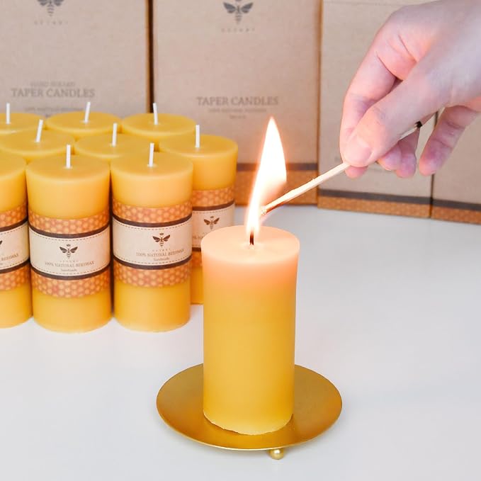 DEYBBY 2 x 4 inch Natural Beeswax Pillar Candles Set of 8, Smokeless Dripless Pure Beeswax Candle Bulk with Natural Scent for for Home Decor Blackout Housewarming Party Event, Long Burn, Yellow