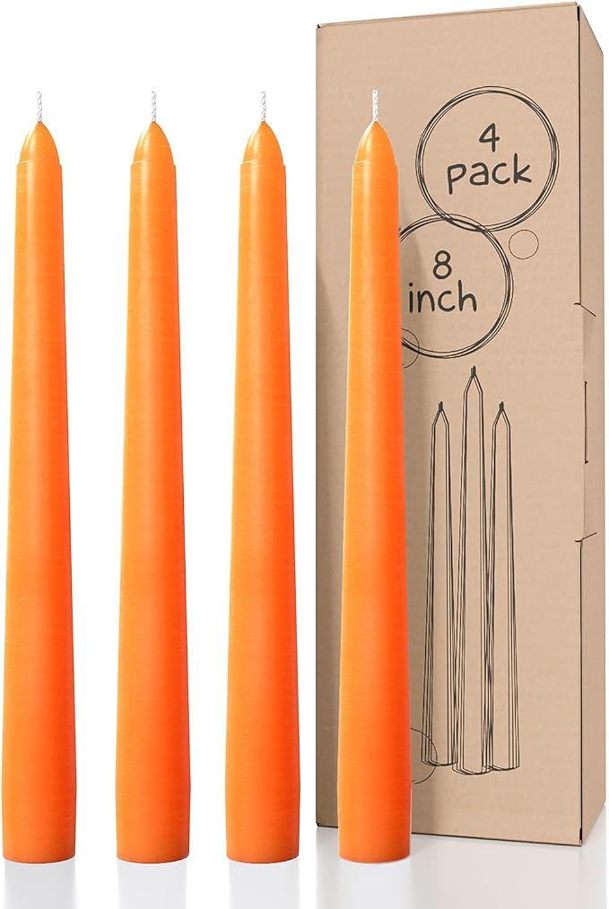 CANDWAX 8 inch Orange Taper Candles Set of 4 - Dripless, Unscented - Perfect for Dinner, Party or Christmas Decor, Halloween Candles or Thanksgiving Décor