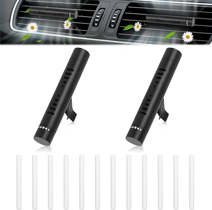 2 Pcs Car Air Essential Oil Diffuser Vent Clip with 12 Pcs Odorless Refill Sticks, Premium Aluminum Air Freshener Diffuser Suitable for Cars, Office, Kitchen (Black, 2 Pcs)