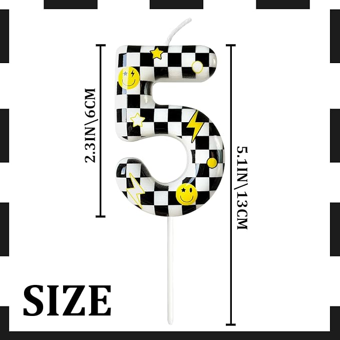 Number 5 Birthday Candle for Cake – Black White Checkered Smiley Design with Lightning & Star – Five Happy Dudes Theme Cake Topper for Birthday Party Decorations