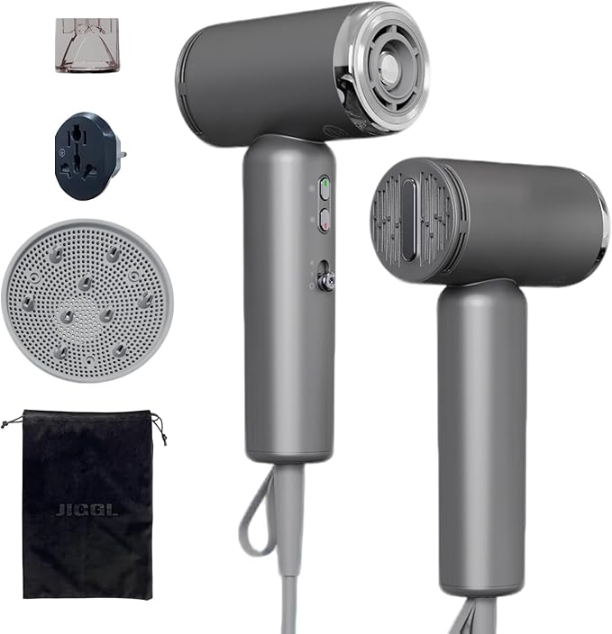 JIGGL High-Speed Dual-Voltage Mini Travel Hair Dryer with Magnetic Diffuser | As Small as a Phone,Negative Ionic,100-240V,Lightweight,Quiet,,European Plug Adapter,Curly Hair,International Travellers